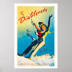 Poster Les Diablerets Suíça Cartaz de Esqui Antigo