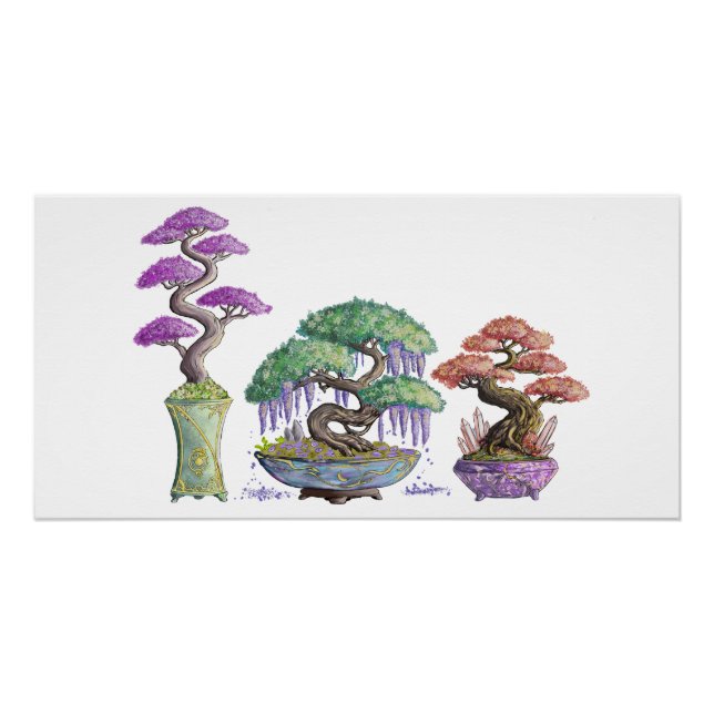 Pôster Les trois vases bonzaïs couleurs. (Frente)