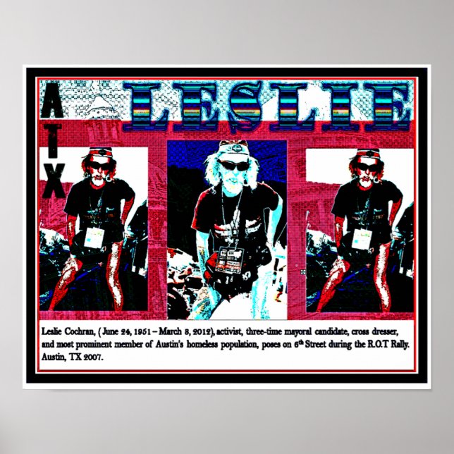 Poster Leslie Cochran, Sem-Abrigo, Curador Cruzado, Ativi (Frente)