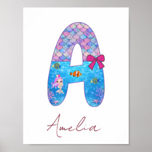 Poster Letra A do Alfabeto de Sereia Personalizada 