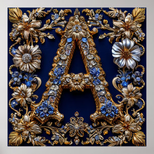 Poster Letra "A" Dourada Elegante Com Decoração Floral Or