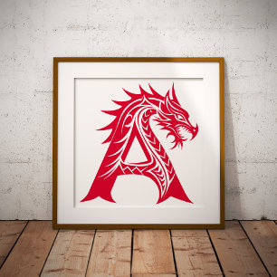 Poster Letra A Estilizada com Dragão, Alfabeto de Dragão,