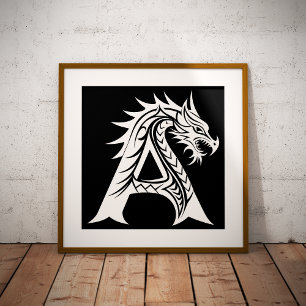 Poster Letra A Estilizada com Dragão, Alfabeto de Dragão,