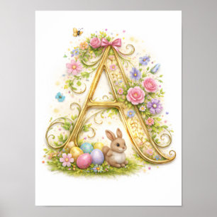 Poster Letra A Monograma Infantil Natureza Mola Dourada