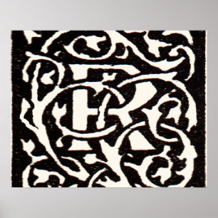 Poster Letra Art Nouveau R Monograma Antigo