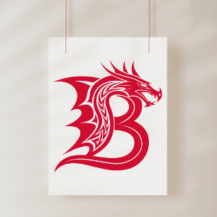 Poster Letra B Estilizada com Dragão, Alfabeto de Dragão,