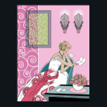 Pôster Letra Clarice - Design de Moda Art Deco<br><div class="desc">Clarice se senta em seu vestido noturno em uma cadeira de deco de arte moderna, lendo uma carta. Seu vestido tem uma faixa contrastante e flores estilizadas de 1920 na saia. Em segundo plano estão as forras rebatidas, a reviravolta da metalurgia branca e uma imagem enquadrada com espirais correspondentes. O...</div>