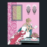 Pôster Letra Clarice - Design de Moda Art Deco<br><div class="desc">Clarice se senta em seu vestido noturno em uma cadeira de deco de arte moderna, lendo uma carta. Seu vestido tem uma faixa contrastante e flores estilizadas de 1920 na saia. Em segundo plano estão as forras rebatidas, a reviravolta da metalurgia branca e uma imagem enquadrada com espirais correspondentes. O...</div>