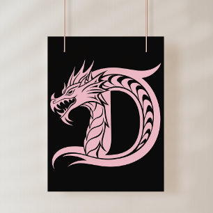 Poster Letra D Estilizada com Dragão, Alfabeto de Dragão,
