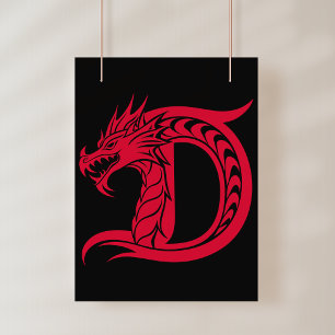 Poster Letra D Estilizada com Dragão, Alfabeto de Dragão,