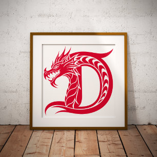 Poster Letra D Estilizada com Dragão, Alfabeto de Dragão,