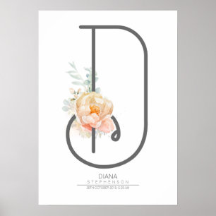 Poster Letra D Monograma Decoração Floral Rosa Bege para 