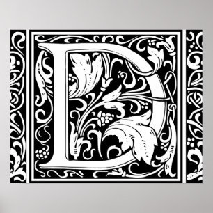 Pôster Letra D Monograma Medieval Art Nouveau