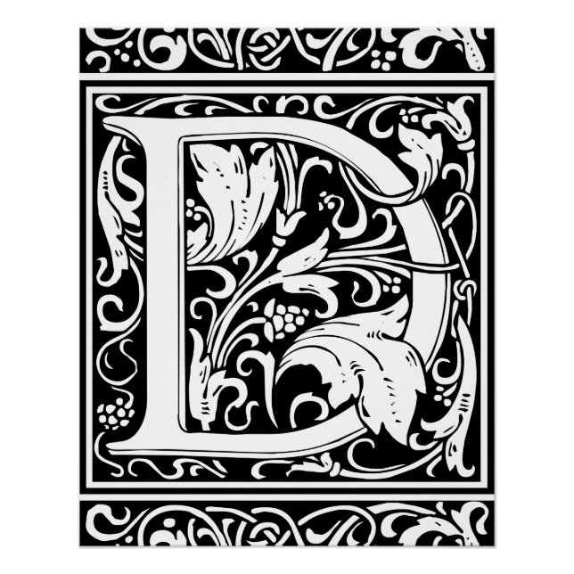 Pôster Letra D Monograma Medieval Arte Nova (Frente)