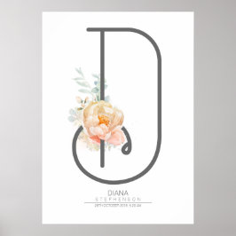 Poster Letra D Monograma Rosa Bege Floral Decoração de Ca