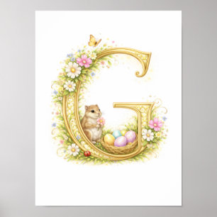 Poster Letra de berçário G Esquilo inicial bebê dourado f