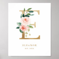 Letra E Blush Monograma Floral Nurserida Ouro