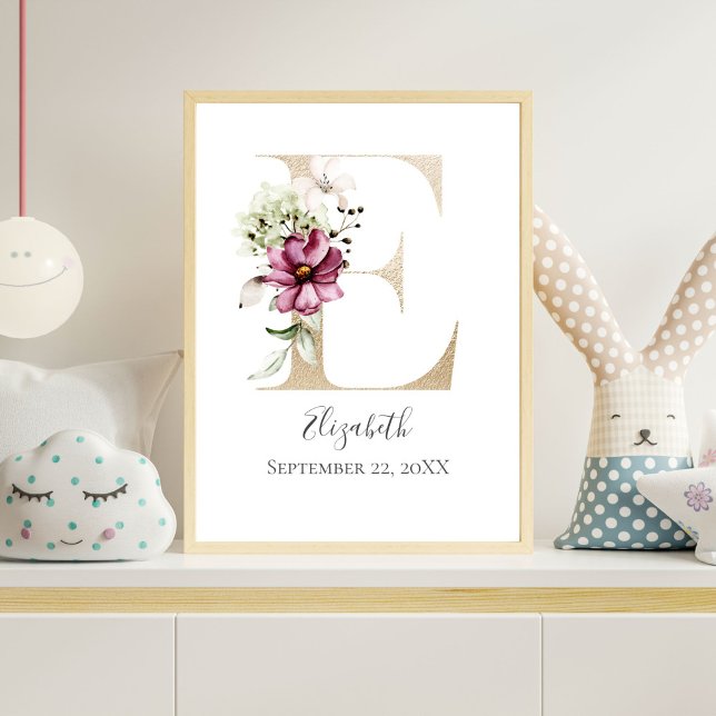 Poster Letra E Dourada Floral Rosa Branco Monograma Quart (Monogram Letter E Gold Pink Floral Watercolor Nursery Wall Art)