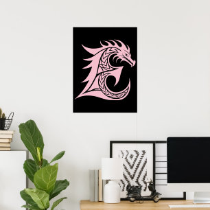 Poster Letra E Estilizada com Dragão, Alfabeto de Dragão,
