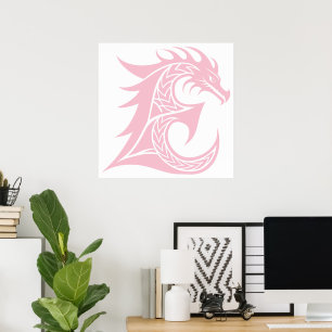 Poster Letra E Estilizada com Dragão, Alfabeto de Dragão,