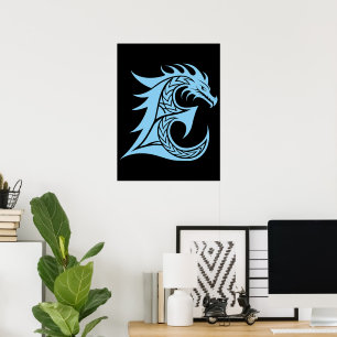 Poster Letra E Estilizada com Dragão, Alfabeto Dragão, Mo