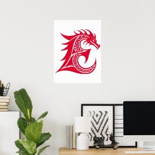 Poster Letra E Estilizada com Dragão, Alfabeto Dragão, Mo
