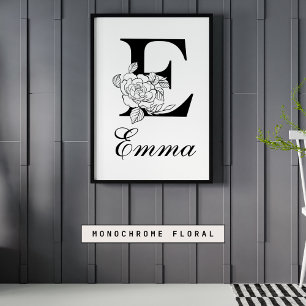 Poster Letra E Floral Moderna Nursert de Monograma Preto