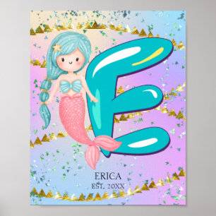 Poster Letra E Monograma Aquarela Enfermeiro de Sereia Cu