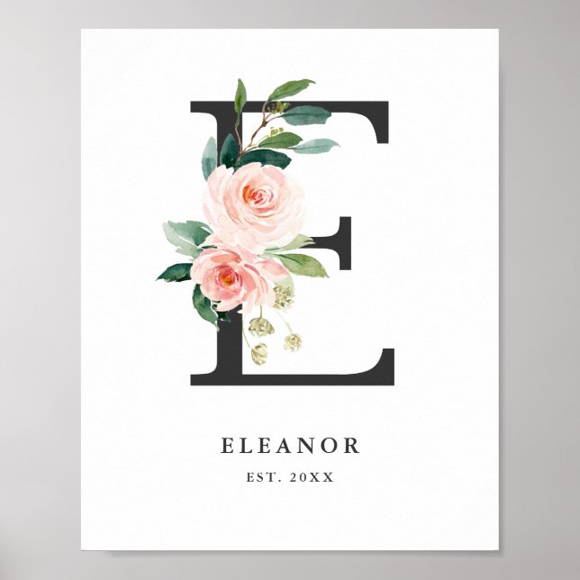 Poster Letra E Monograma Aquarela Peach Floral Nursery (Frente)
