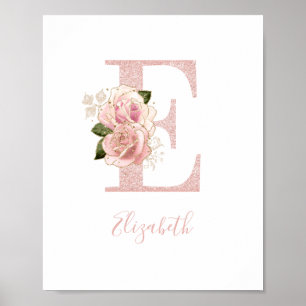 Poster Letra E Monograma Floral Brilho Rosa Dourado Femin