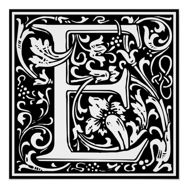 Pôster Letra E Monograma Medieval Arte Nova (Frente)