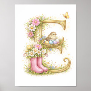 Poster Letra E Ouro Primavera Natureza Monograma Pássaro 