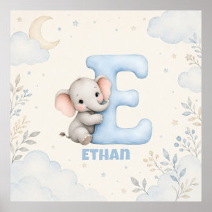 Poster Letra E Personalizada Design de Elefante Bebê Nome
