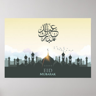 Poster Letra Eid mubarak com mesquita e aves