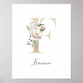 Poster Letra F dourada floral rosa e branca Monograma Ber