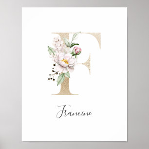 Poster Letra F dourada floral rosa e branca Monograma Ber