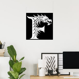 Poster Letra F Estilizada com Dragão, Alfabeto de Dragão,