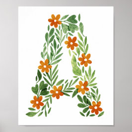 Poster Letra Floral Personalizada A com Flores Laranja