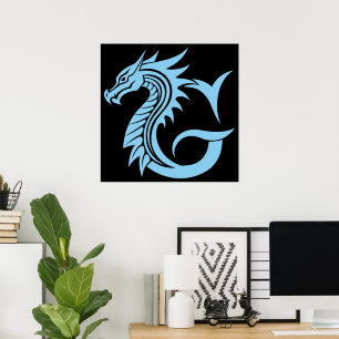 Poster Letra G Estilizada com Dragão, Alfabeto de Dragão,