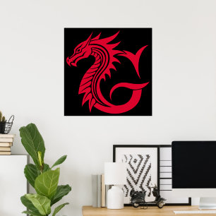 Poster Letra G Estilizada com Dragão, Alfabeto de Dragão,