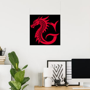 Poster Letra G Estilizada com Dragão, Alfabeto de Dragão,