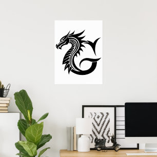 Poster Letra G Estilizada com Dragão, Alfabeto de Dragão,