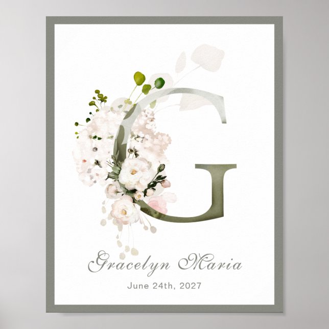 Poster Letra G Monograma Comprimido Floral Branco Cor-de- (Frente)