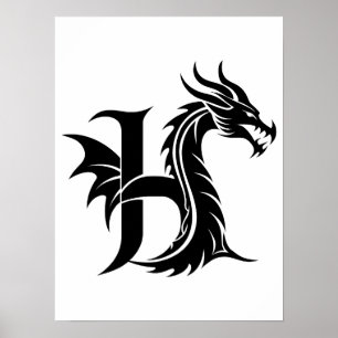 Poster Letra H Estilizada com Dragão, Alfabeto de Dragão,