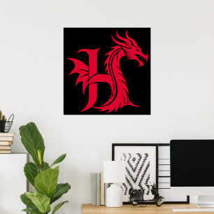 Poster Letra H Estilizada com Dragão, Alfabeto de Dragão,