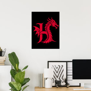 Poster Letra H Estilizada com Dragão, Alfabeto de Dragão,