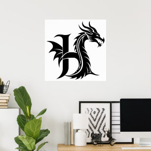 Poster Letra H Estilizada com Dragão, Alfabeto de Dragão,