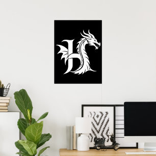 Poster Letra H Estilizada com Dragão, Alfabeto de Dragão,