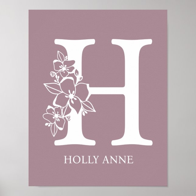 Poster Letra H Monograma Floral Nome Nursery Modern (Frente)