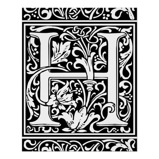 Pôster Letra H Monograma Medieval Art Nouveau (Frente)